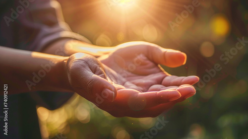 Human hands open palm up worship Eucharist Therapy Bless God Helping Repent Catholic Easter Lent Mind Pray Christian concept background photo