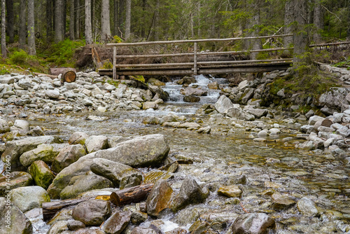 Fototapeta Naklejka Na Ścianę i Meble -  Morskie Oko trail , hike in the Tatras mountains , old wooden bridge over the river