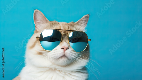 Cool rich successful cat with sunglasses isolated on blue background