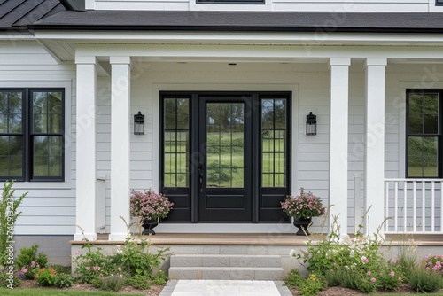 A beautiful farmhouse ranch with white siding and a black front door. Detail shot of the front door.