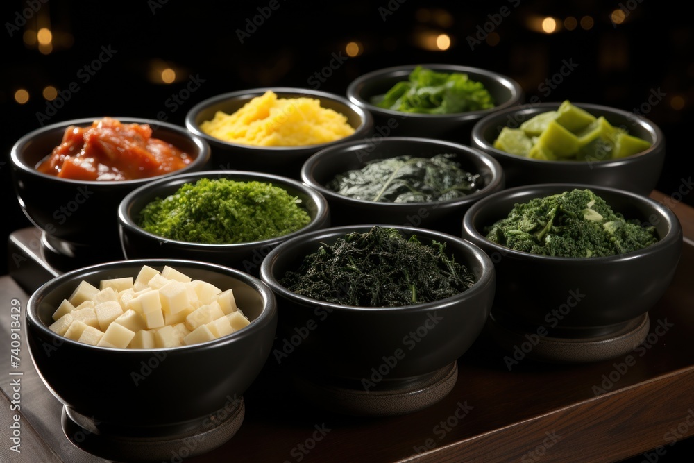 Array of side dishes in black bowls against a softly lit background
