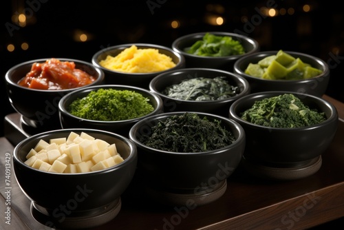 Array of side dishes in black bowls against a softly lit background