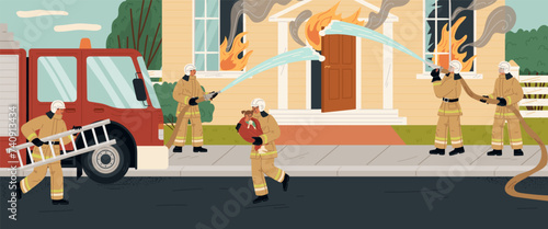 Firefighters rescue crew putting out house fire on street scene