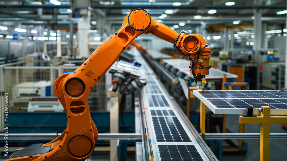 a robotic arm working on solar panels in a factory
