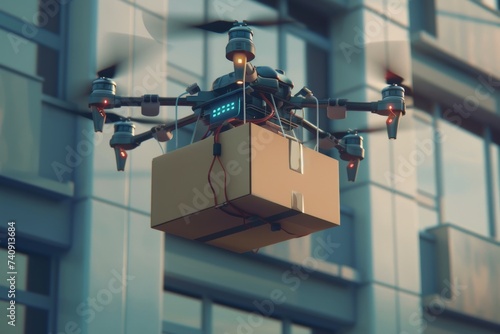 Smart package Drone Delivery ai frameworks. Box shipping drone cargo delivery parcel municipality transportation. Logistic tech compostable box mobility smart curtains photo