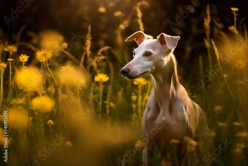 Italian greyhound dog sitting in meadow field surrounded by vibrant wildflowers and grass on sunny day ai generated