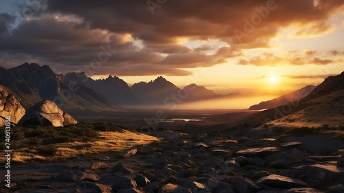 Black rock mountains landscape paradise with sunset light