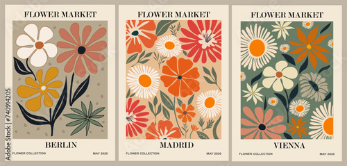 Set of abstract Flower Market posters. Trendy botanical wall arts with floral design in danish pastel colors. Modern naive groovy funky interior decorations, paintings. Vector art illustration.