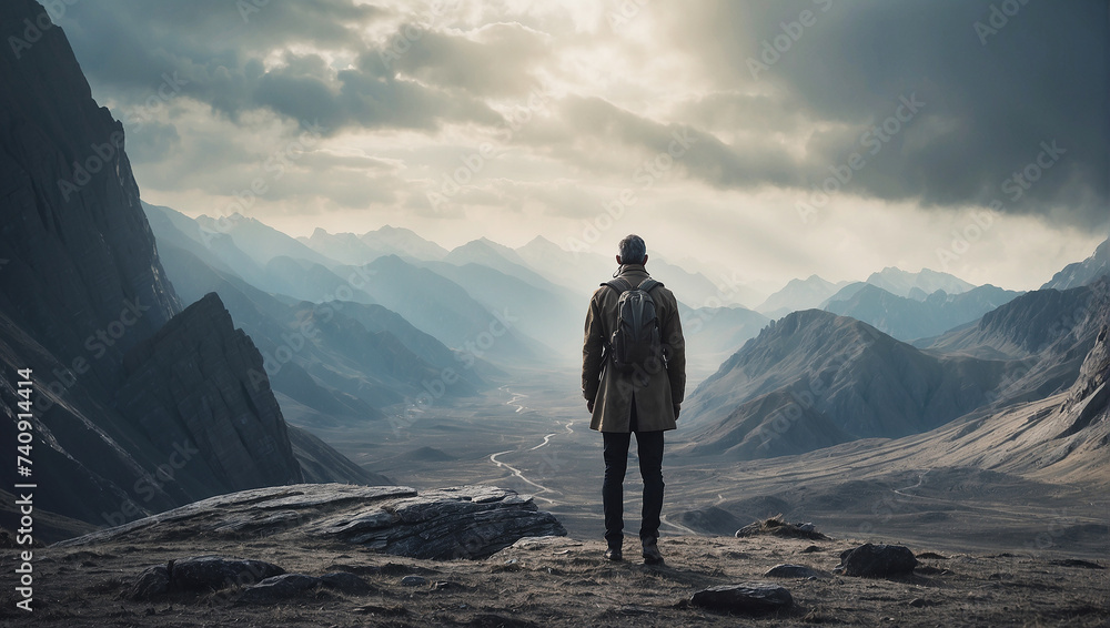 Cinematic photo of a surreal men walking on a futuristic landscape with big mountains