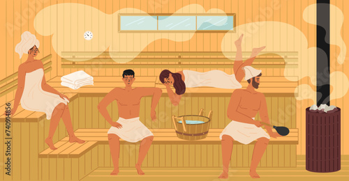 Group of young people relaxing at sauna steam room scene