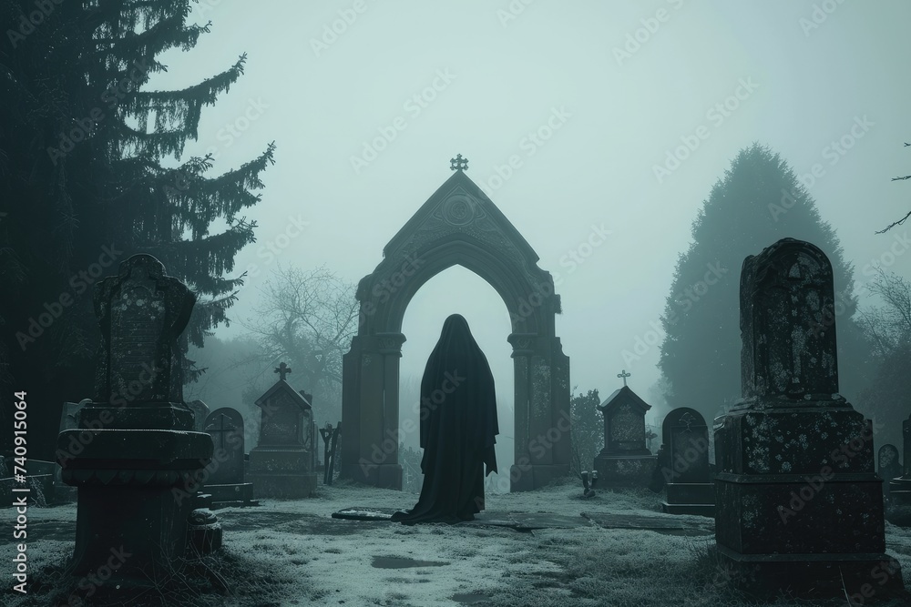 A person stands solemnly in front of the entrance gate of a cemetery, framed by rows of gravestones, Grim reaper standing at the entrance of a misty cemetery, AI Generated A person stands solemnly in front of the entrance gate of a cemetery, framed by rows of gravestones, Grim reaper standing at the entrance of a misty cemetery, AI Generated