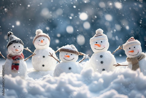 A group of snowmen stands tall in the snowy landscape, their arms outstretched to greet the winter day, Group of snowmen playing in a heavy snowfall, AI Generated