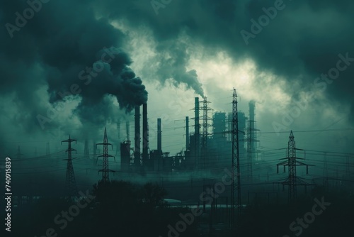 Smoke billows from the stacks of multiple industrial buildings, creating a dense and hazy atmosphere, Grotesque silhouette of industrial pipelines during a thunderstorm, AI Generated