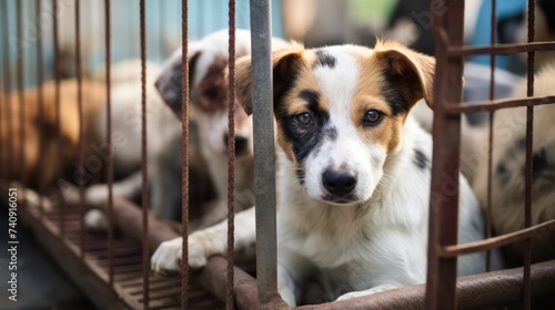 Dogs are looking through bars from a cage