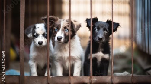 three puppies in cages looking out across the room in the style of environmental awareness