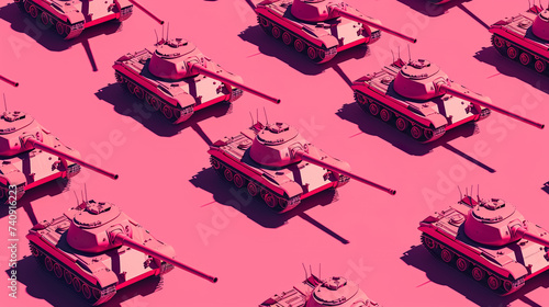 toy military tank pattern on pink background, war and conflict illustration concept, heavy weapon industry wallpaper