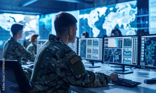 military operator monitoring battle information in control room with screens and displays, future army and security concept