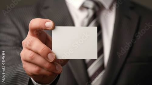 close-up of a person in a business suit holding out a blank business card