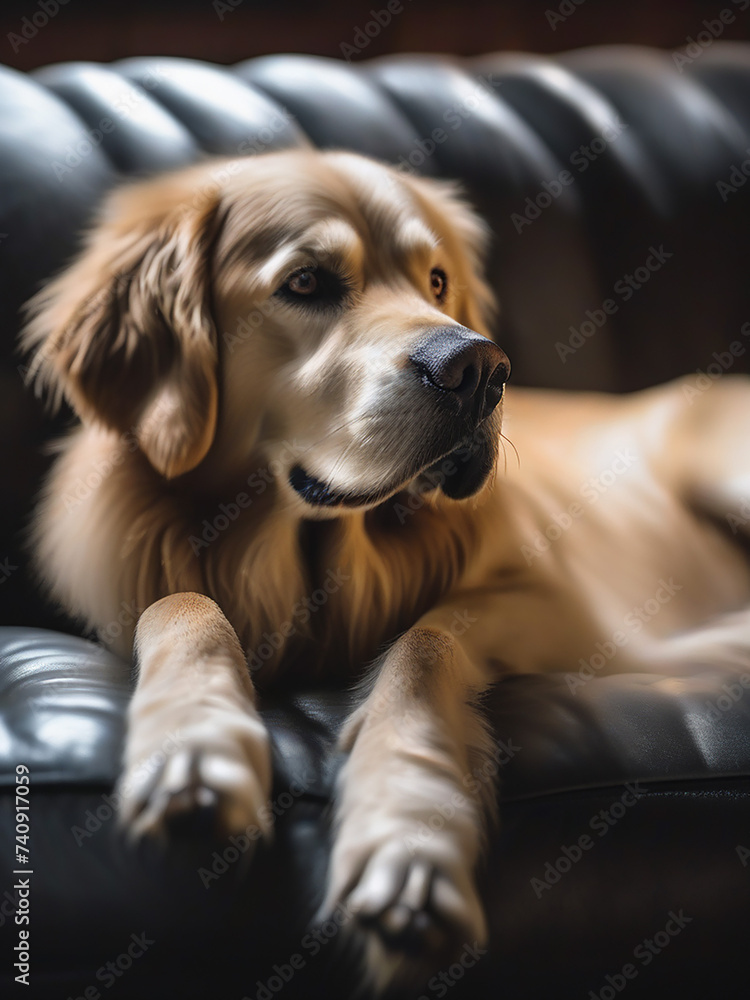 Obraz premium Portrait of a purebred golden Labrador dog, looking at the camera and lying on a black leather sofa.