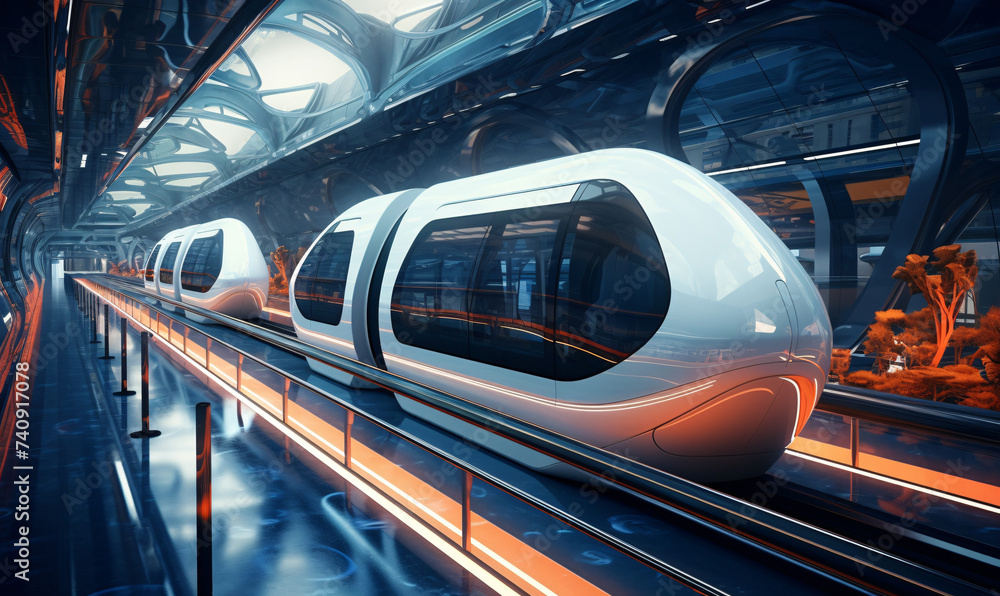 A futuristic train cabin levitates through a tunnel. A hyperloop capsule with a fully self-driving system. A futuristic train cabin levitates through a tunnel. A hyperloop capsule with a fully self-driving system.