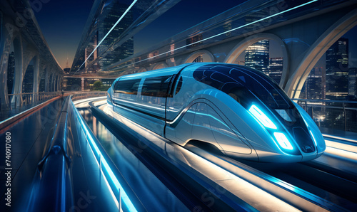 A futuristic high-speed train travels through the city at high speed.
