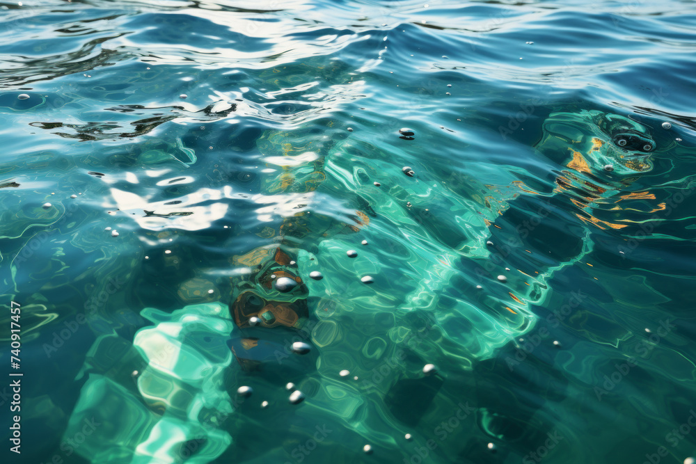 Blue green surface of the ocean in with gentle ripples on the surface and light refracting. Generative Ai Blue green surface of the ocean in with gentle ripples on the surface and light refracting. Generative Ai