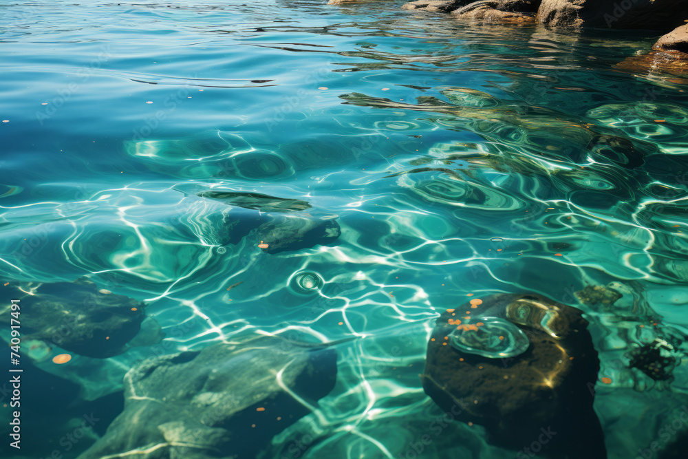 Blue green surface of the ocean in with gentle ripples on the surface and light refracting. Generative Ai Blue green surface of the ocean in with gentle ripples on the surface and light refracting. Generative Ai