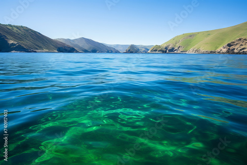 Blue green surface of the ocean in Catalina Island California with gentle ripples on the surface. Generative Ai