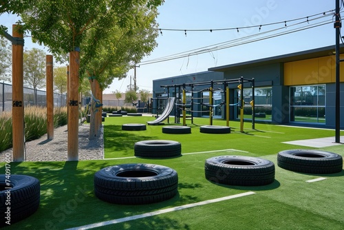 A deserted playground filled with a multitude of tires scattered across the grass, Gymâ€™s outdoor area featuring artificial turf and tire flips, AI Generated