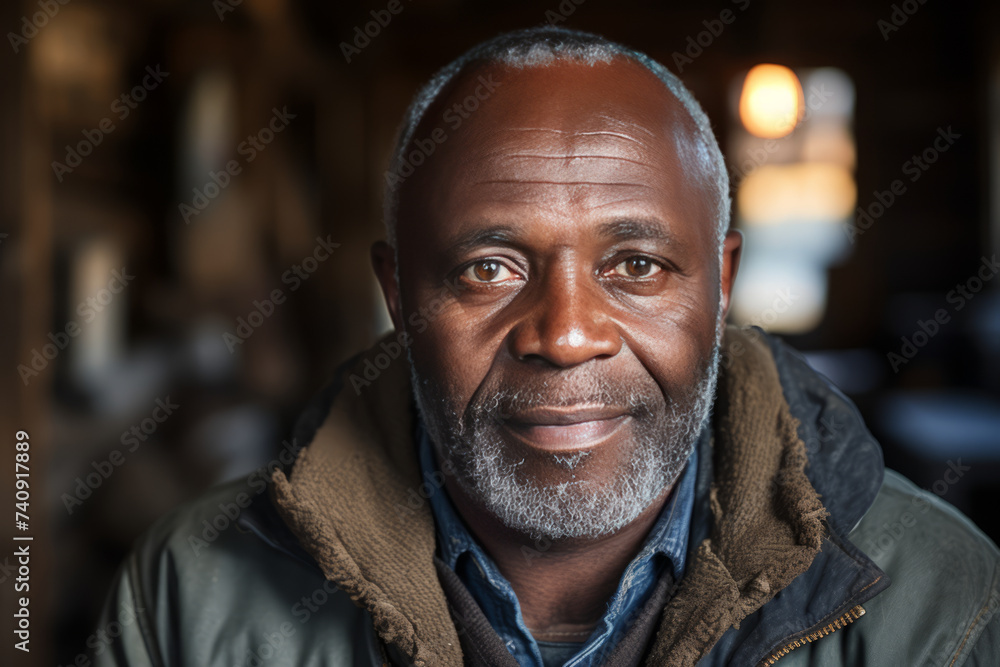 Close-up portrait of bald and bearded african american senior man in log cabin. Generative Ai Close-up portrait of bald and bearded african american senior man in log cabin. Generative Ai
