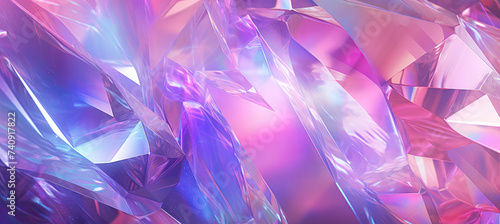 Holographic background with fairy crystal. Rainbow reflexes in pink and purple color.