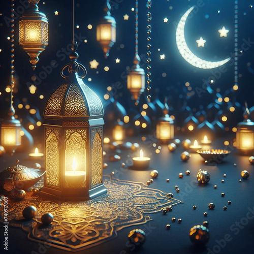 Ramadan kareem decoration with arabic lantern and candle in the night. 4k background Ai generative.