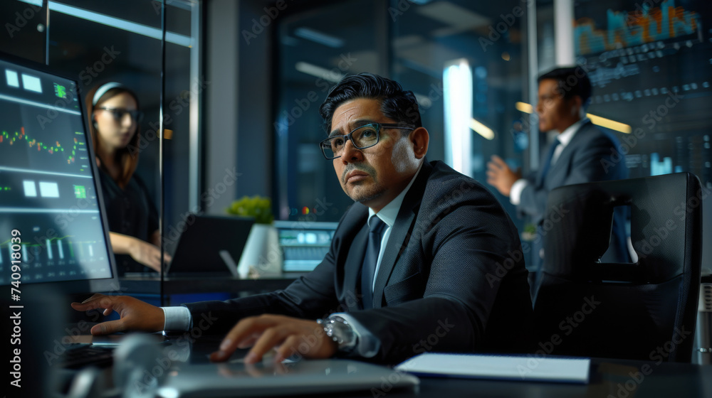 A professional in a suit is working at a desk with multiple computer monitors displaying graphs and analytical data in a modern corporate office setting. A professional in a suit is working at a desk with multiple computer monitors displaying graphs and analytical data in a modern corporate office setting.
