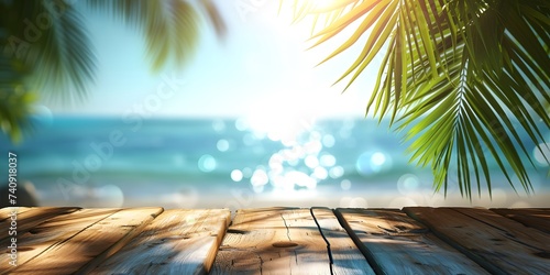 empty wooden planks with blurry background beach and sea with coconut tree leaves photo