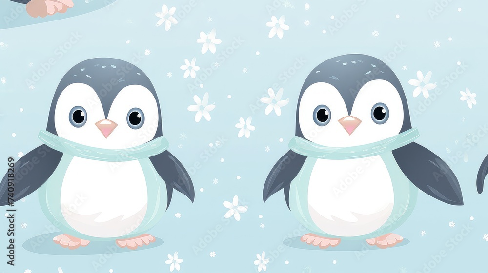 Fototapeta premium pastel cute penguins pattern, winter background, cartoon texture.