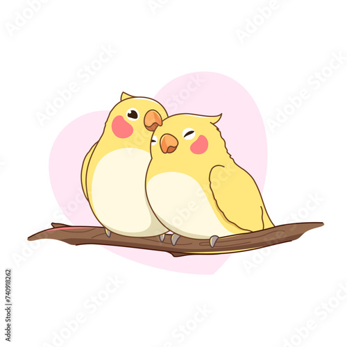 A pair of corella parrots sitting on a tree branch and hugging on a heart background. Cute birds illustration, cartoon style drawing