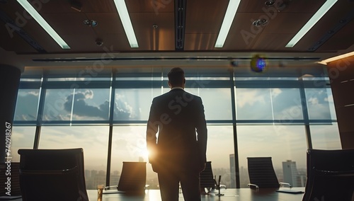 Rear view of a businessman standing in a modern office and looking out the window