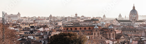 Rome skyline. Panoramic view of winter Rome from Pincian Hill. Roof top, banner, monochrome. Rome, Italy