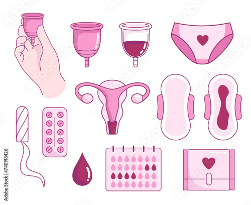 Menstruation, periods, cycle accessories and objects. Woman hygiene illustrations. Pads, tampon, menstrual cup, blood cartoon doodle drawings and icons