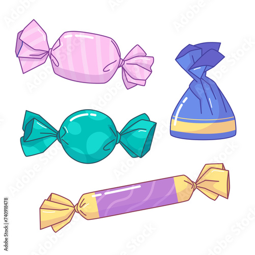 Sweets and candies cartoon style illustration, vector treats doodle drawing