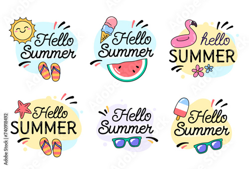 Summer badges, stickers, emblems. Hello summer, holiday, vacation, beach hand drawn illustrations, objects.