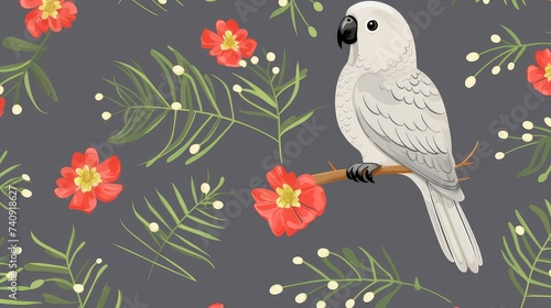 Grey Tropical pattern with parrots and tropical leaves background