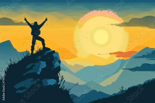 Achievement concept Person triumphantly reaching a mountaintop Arms raised in victory against a scenic backdrop