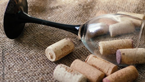 empty overturned glass glass surrounded by wine corks on a textured fabric rotation. wine collection, wine tasting by sommelier photo