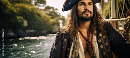 Man dressed-up like a pirate with hat and boat background