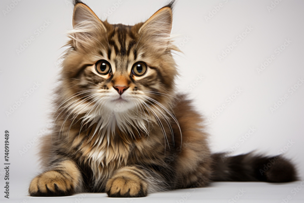 Studio portrait of a sitting tabby cat looking forward against a white backdground. Generative Ai