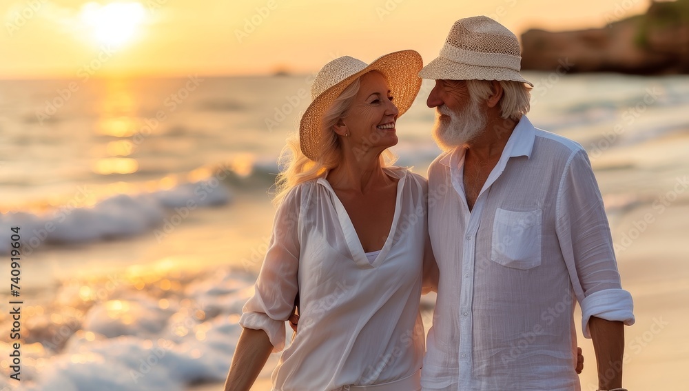 Senior couple enjoys a sunset walk on the beach Senior couple enjoys a sunset walk on the beach