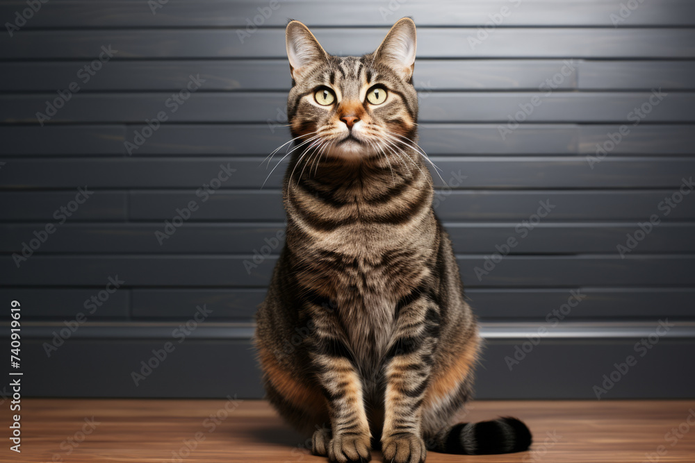 Studio portrait of a sitting tabby cat looking forward against a white backdground. Generative Ai