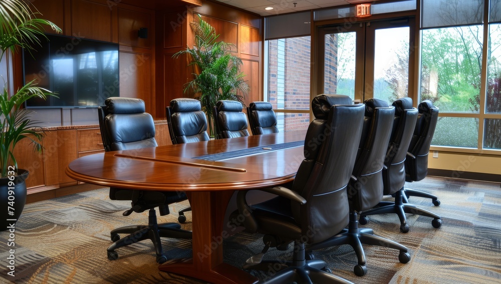 Interior of a modern conference room with wooden table and black chairs