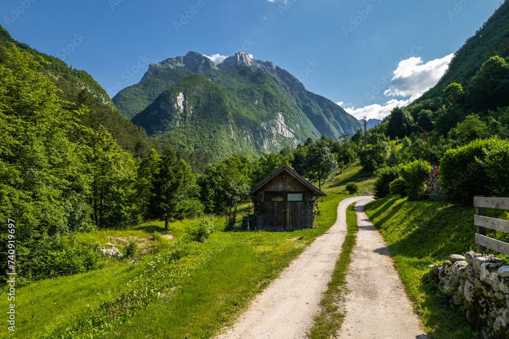 Alpine landscape in Slovenia SOca Valley at summer, aerial drone view